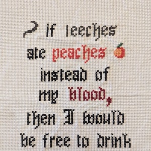 May include: Cross-stitch embroidery with a humorous saying: "If leeches ate peaches instead of my blood, then I would be free to drink tea in the mud."