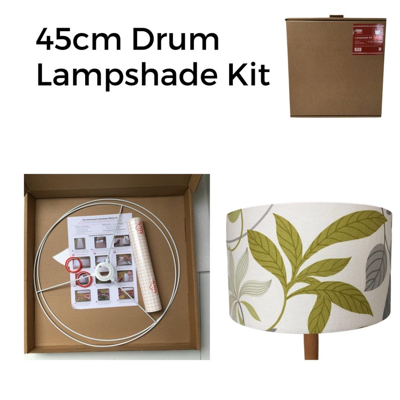 May include: A 45cm drum lampshade kit with a white metal frame, instructions, and a roll of adhesive fabric. The kit also includes two red rings and a white plastic lampshade fitting. The kit is packaged in a brown cardboard box.