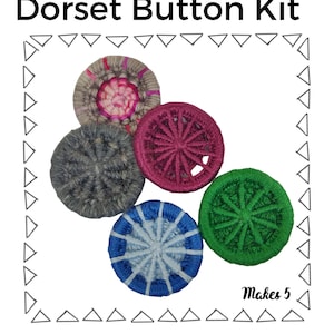 May include: A kit to make five crosswheel Dorset buttons. The kit includes yarn in various colours, including grey, pink, green, and blue. The image shows five completed buttons.