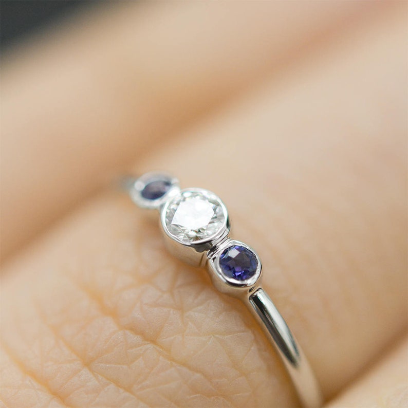 September April Birthstone Ring Push Present 14k Solid Gold Diamond Sapphire Ring Dainty Stacking Ring Three Stone Diamond Sapphire Ring