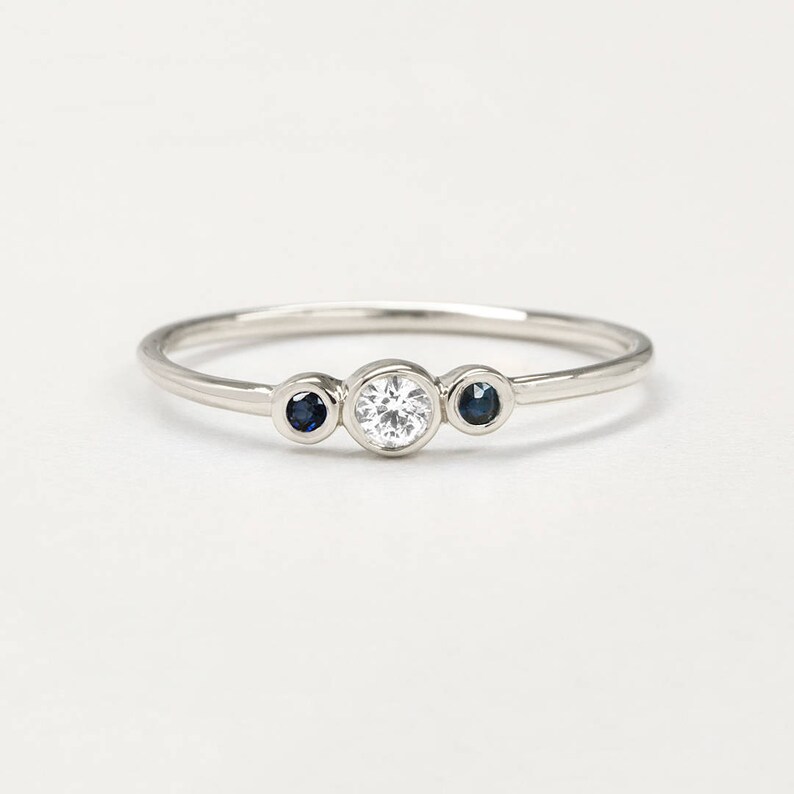 September April Birthstone Ring Push Present 14k Solid Gold Diamond Sapphire Ring Dainty Stacking Ring Three Stone Diamond Sapphire Ring