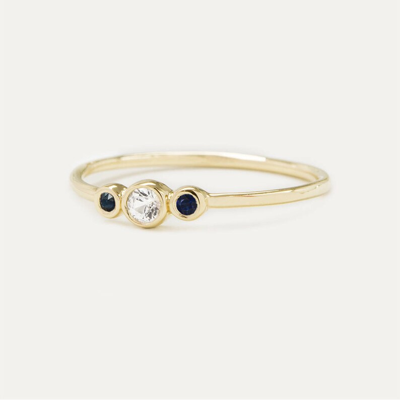 September April Birthstone Ring Push Present 14k Solid Gold Diamond Sapphire Ring Dainty Stacking Ring Three Stone Diamond Sapphire Ring
