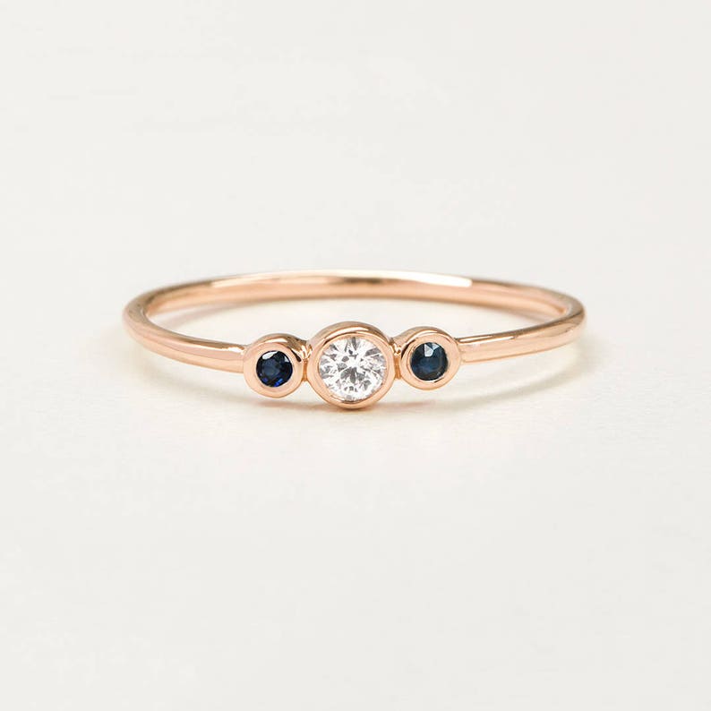September April Birthstone Ring Push Present 14k Solid Gold Diamond Sapphire Ring Dainty Stacking Ring Three Stone Diamond Sapphire Ring