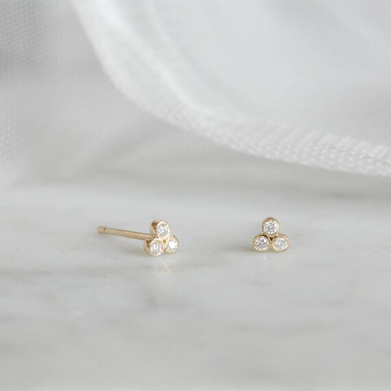 Tiny Diamond Studs 14k Solid Gold Tiny Earrings Bezel Set Etsy