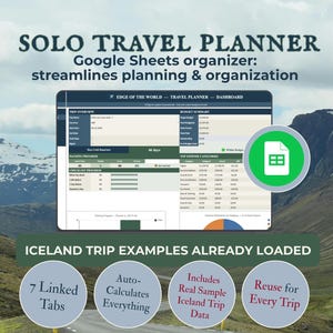 Pianificatore di viaggi in solitaria con Fogli Google / Monitoraggio del budget, lista di cose da mettere in valigia e itinerario / Pianificatore di viaggio / Esempi per l'Islanda, ma completamente personalizzabile