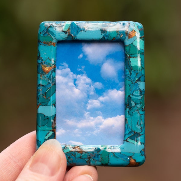 Polymer Clay Tiny Picture Frames, Turquoise Gold Distressed Photo Frame, Miniature Picture Frame, Teal Photo Frame, Turquoise Picture Frame