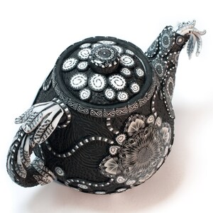 Polymer Clay Covered Ceramic Teapot, Ornamental Teapot, Small Clay Teapot, Unique Teapots, Teapot for One, Whimsical Teapots, Black White image 4