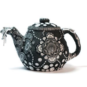 Polymer Clay Covered Ceramic Teapot, Ornamental Teapot, Small Clay Teapot, Unique Teapots, Teapot for One, Whimsical Teapots, Black White image 1