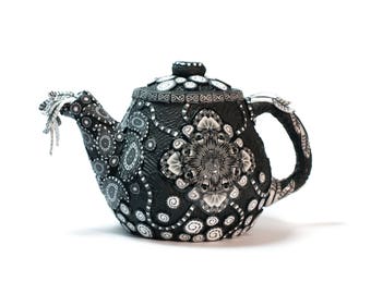 Polymer Clay Covered Ceramic Teapot, Ornamental Teapot, Small Clay Teapot, Unique Teapots, Teapot for One, Whimsical Teapots, Black White