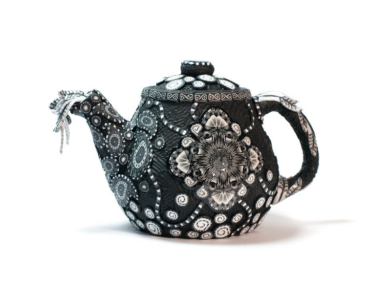 Polymer Clay Covered Ceramic Teapot, Ornamental Teapot, Small Clay Teapot, Unique Teapots, Teapot for One, Whimsical Teapots, Black White image 1
