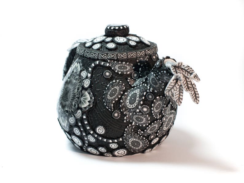 Polymer Clay Covered Ceramic Teapot, Ornamental Teapot, Small Clay Teapot, Unique Teapots, Teapot for One, Whimsical Teapots, Black White image 5