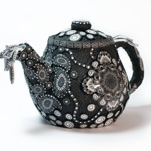 Polymer Clay Covered Ceramic Teapot, Ornamental Teapot, Small Clay Teapot, Unique Teapots, Teapot for One, Whimsical Teapots, Black White image 2