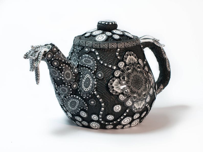 Polymer Clay Covered Ceramic Teapot, Ornamental Teapot, Small Clay Teapot, Unique Teapots, Teapot for One, Whimsical Teapots, Black White image 2