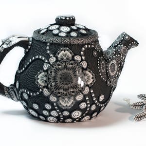 Polymer Clay Covered Ceramic Teapot, Ornamental Teapot, Small Clay Teapot, Unique Teapots, Teapot for One, Whimsical Teapots, Black White image 3