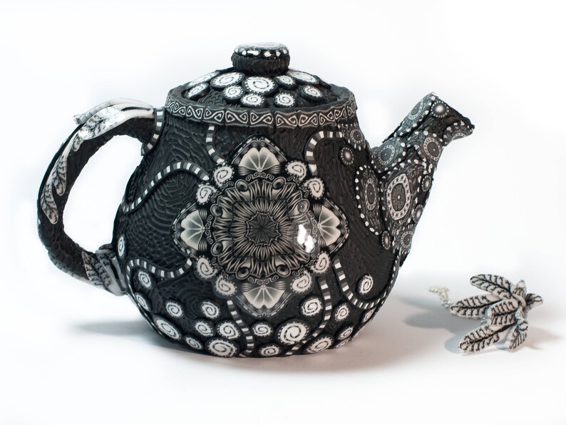 Polymer Clay Covered Ceramic Teapot, Ornamental Teapot, Small Clay Teapot, Unique Teapots, Teapot for One, Whimsical Teapots, Black White image 3