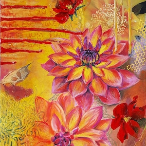 May include: Abstract floral painting with vibrant colors. Two large dahlias in shades of yellow, orange, and pink dominate the canvas. Red flowers and green leaves are scattered throughout. The background is a mix of warm tones with textured elements.