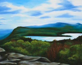 May include: A painting of a mountain landscape with a lake in the foreground. The sky is blue with white clouds, and the mountains are green and blue. The lake is a light blue color, and there are trees in the foreground.