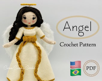 May include: Crochet pattern for an angel doll with a white dress, gold trim, and brown hair. The pattern is available in PDF format and includes instructions in both English and Portuguese.