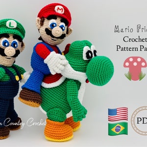 PDF CROCHET PATTERN Pack Mario Friends Fan Art Dolls// Mario Crochet // Luigi Crochet // Yoshi Crochet // Amigurumi // Gamer Crochet Pattern