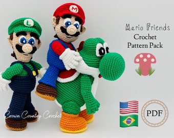 PDF PATRÓN DE CROCHET Pack Mario Friends Fan Art Dolls// Mario Crochet // Luigi Crochet // Yoshi Crochet // Amigurumi // Gamer Crochet Pattern