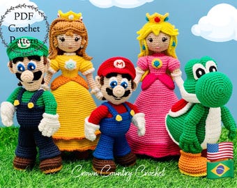 May include: Crocheted plush toys of characters from the Super Mario video game franchise. The characters include Mario, Luigi, Peach, Yoshi, and Daisy. The toys are all wearing their signature outfits and are standing on a green grassy surface.