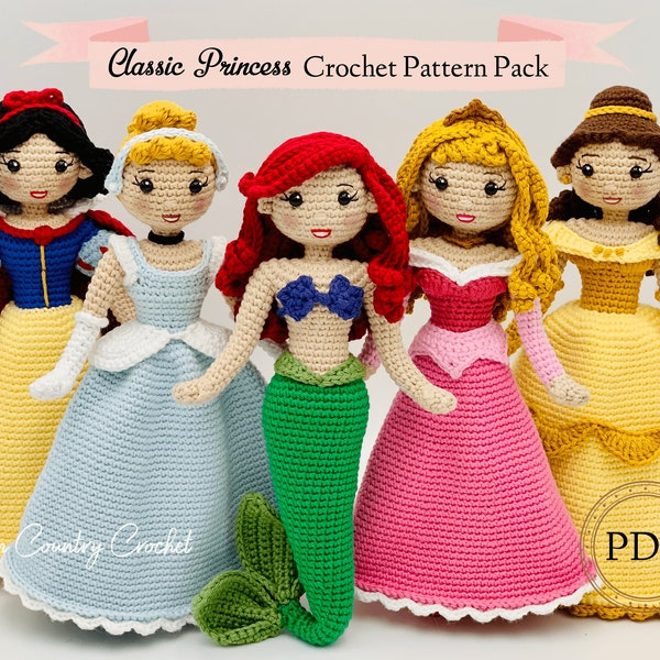 PDF CROCHET PATTERN Pack Classic Princess Dolls // Amigurumi Crochet // Princess Crochet // Fairytale Crochet // Doll Crochet