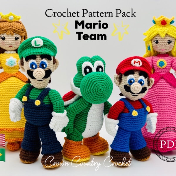 PDF CROCHET PATTERN Pack Mario Team Fan Art Dolls // Gamer Crochet // Nostalgic Crochet // Amigurumi // Doll Crochet Patterns