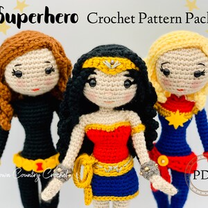 May include: Crochet pattern pack for making three superhero dolls. The dolls are Wonder Woman, Captain Marvel, and Black Widow. The pattern includes instructions for crocheting the dolls' bodies, clothing, and accessories. The pattern is available as a PDF download.