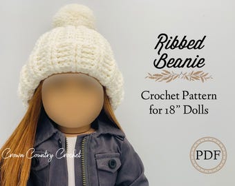 Ribbed Beanie Crochet Pattern for 18” Dolls (PDF Pattern)