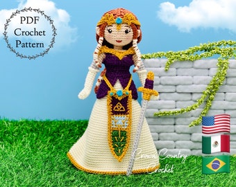May include: Crochet pattern PDF for a princess doll with a purple dress, gold accents, and a sword. The doll has brown hair and blue eyes. The pattern is available in English, Spanish, Portuguese, and Japanese.