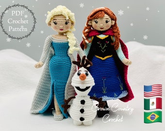 Lot de motifs au crochet PDF Reine des neiges et bonhomme de neige // Amigurumi reine des neiges // Amigurumi bonhomme de neige // Crochet de conte de fées // Crochet de princesse