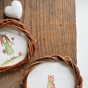 Brujita con calabaza y gato con bufanda - Ilustración original, acuarela pintada a mano