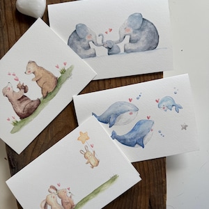 Famiglia - Cartolina | biglietto auguri | illustrazione A5, mamma, papà, bebè, bimbo, bimba, nonni
