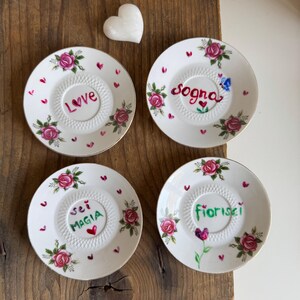 Piatto vintage con stampa botanica decorato a mano - Rose