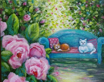 Reduced - (Orig 75.00) - Kitties Among the Roses - 0rig 8x10 Ptg - Dianne M Hare - Mother's Day - Home Decor - Sunroom Decor - Cats/Kitties