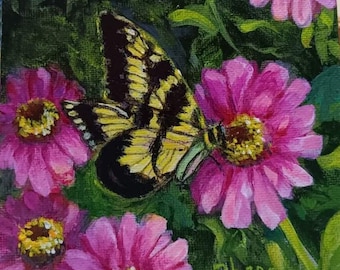 Zebra Butterfly with Zinnias - an orig 5x5 painting by Dianne Masters Hare - Butterflies, Zinnias, Nature, Zebra Butterflies - Gift for her