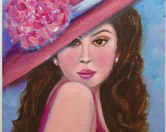 Pink Hydrangea on Her Hat - an Orig 9x12 Acrylic Painting by Dianne Masters Hare - Wall Decor, Lady Painting, Gift Idea