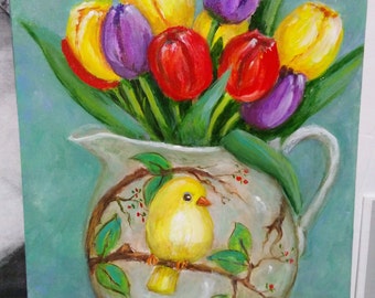Yellow Bird Pitcher With Tulips an orig 9x12in Acrylic Painting by Dianne Masters Hare - Wall Decor - Floral Painting - Home Decor