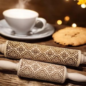 Engraved Beechwood Rolling Pin: Royal Pattern Embossed Cookie Roller