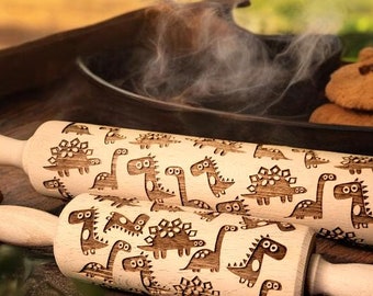 Dino Embossed Rolling Pin: Handmade Beechwood Dinosaur Pattern