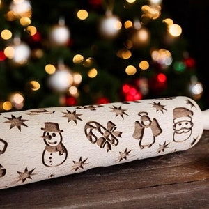 Engraved Christmas Rolling Pin: Santa, Snowman, Angel Beechwood