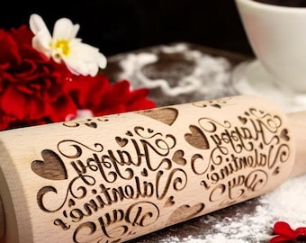 Rodillo de madera de haya grabado: diseño de galleta en relieve para San Valentín