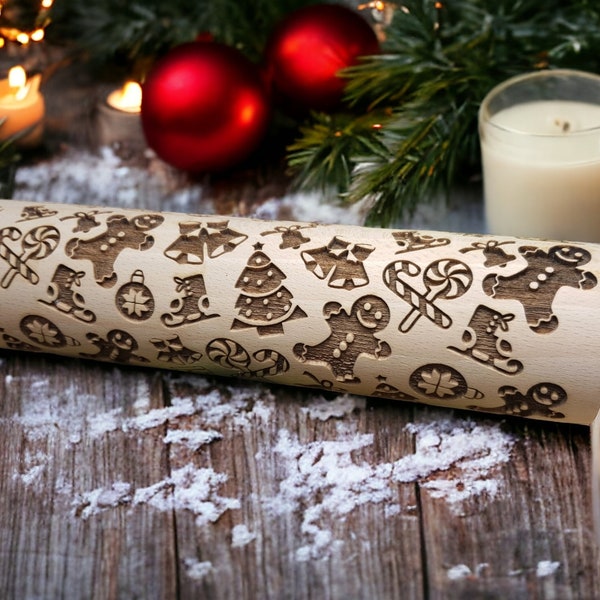 Gingerbread - engraved rolling pin, embossed - handmade rolling pin, christmas rolling pin, pattern rolling pin, custom rolling pin