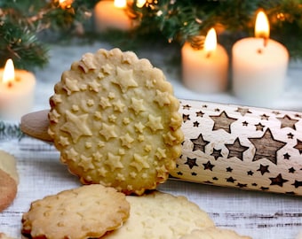 Rodillo de amasar con estrella grabada: rodillo para galletas hecho a mano de madera de haya con relieve