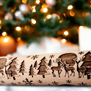 Christmas Deer In The Forest - engraved rolling pin, embossed - handmade rolling pin, christmas rolling pin, pattern custom rolling pin