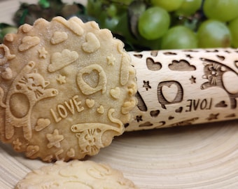 Cute Cats - engraved rolling pin, embossed - handmade rolling pin, christmas rolling pin, pattern rolling pin, custom rolling pin