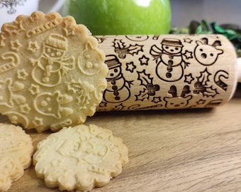 Snowman - engraved rolling pin, embossed rolling pin, handmade rolling pin, christmas pattern rolling pin , custom rolling pin