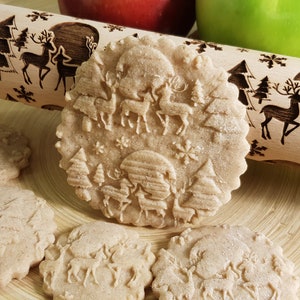 Christmas Deer In The Forest - engraved rolling pin, embossed - handmade rolling pin, christmas rolling pin, pattern custom rolling pin