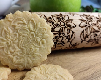 Flowers 12 - engraved rolling pin, embossed - handmade rolling pin, christmas rolling pin, pattern rolling pin, custom rolling pin