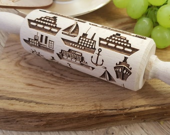 Ships - engraved rolling pin, embossed rolling pin, handmade rolling pin, christmas rolling pin, embossed rolling pin